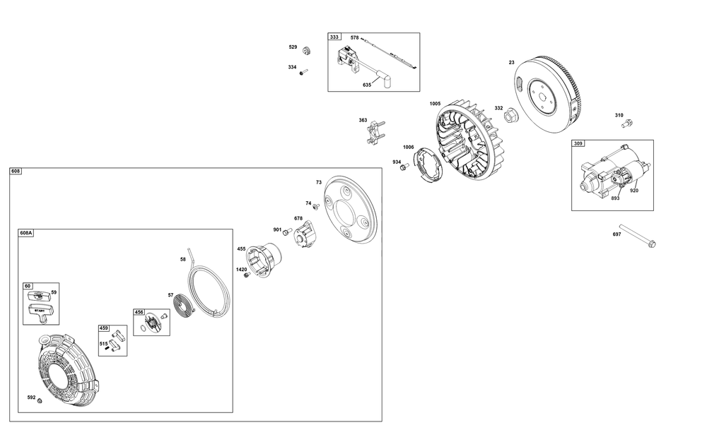 Flywheel, Ignition, And Starter Group Diagram and Parts List for 356447-0052-H5 200000 - 399999 Briggs and Stratton Engine